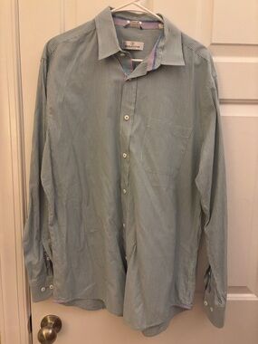 Bugatchi Men's Pale Green Pinstripe Dress Shirt